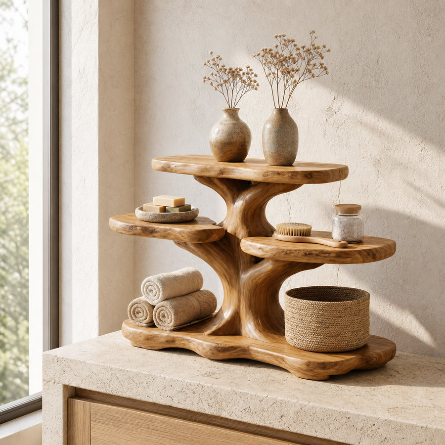 Contemporary Tree Bathroom Organizer With Floating Wood Shelves