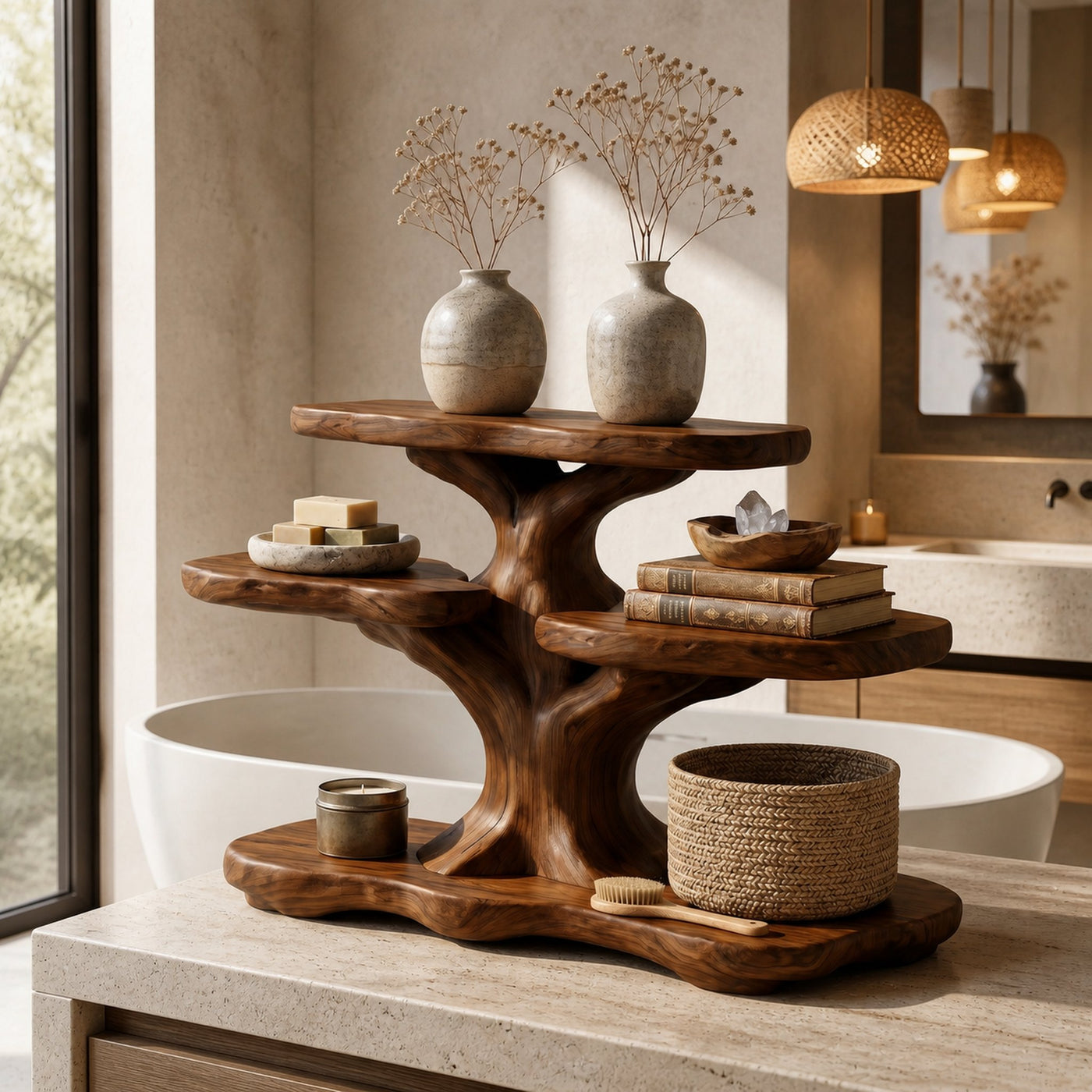 Contemporary Tree Bathroom Organizer With Floating Wood Shelves - product view 6