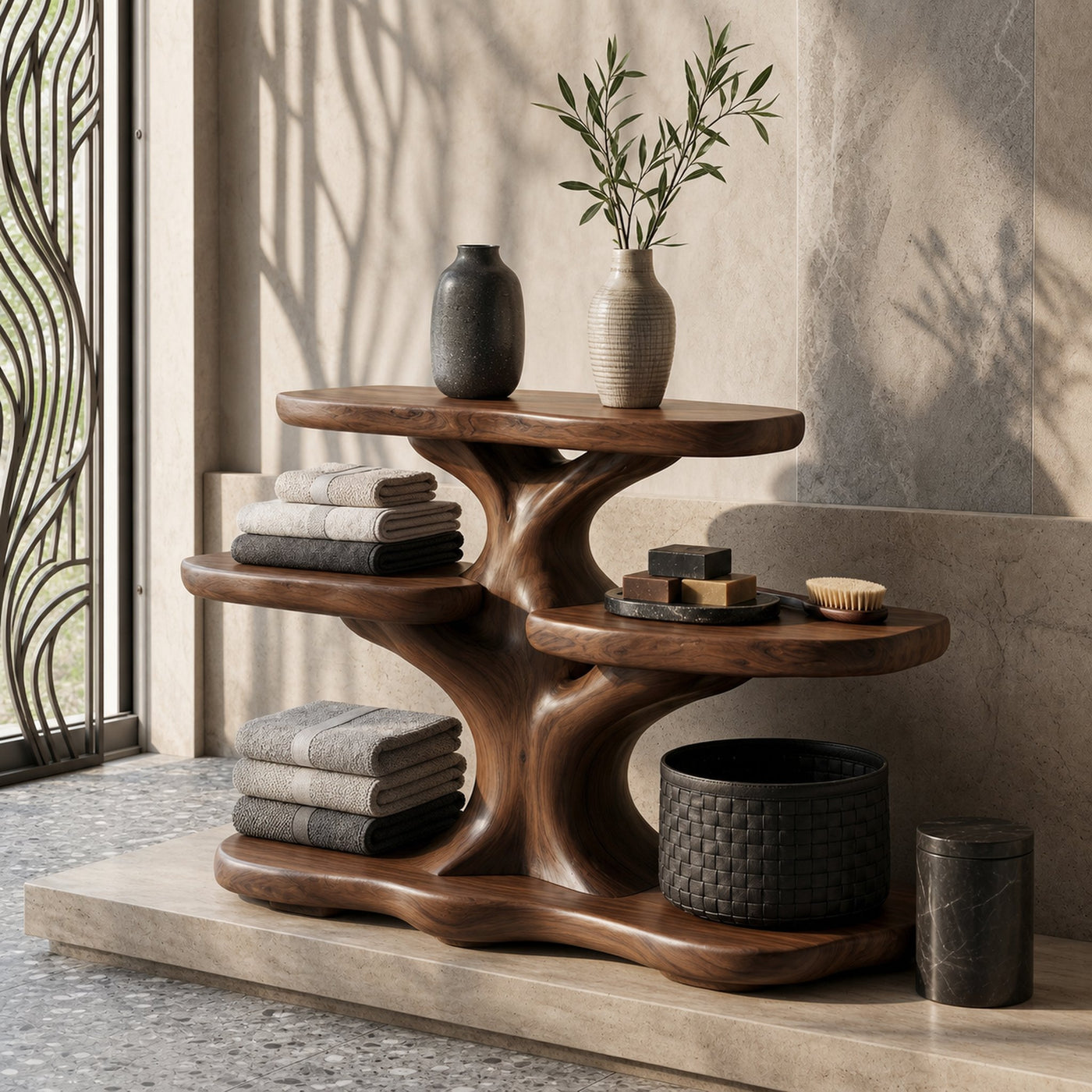 Contemporary Tree Bathroom Organizer With Floating Wood Shelves - product view 7