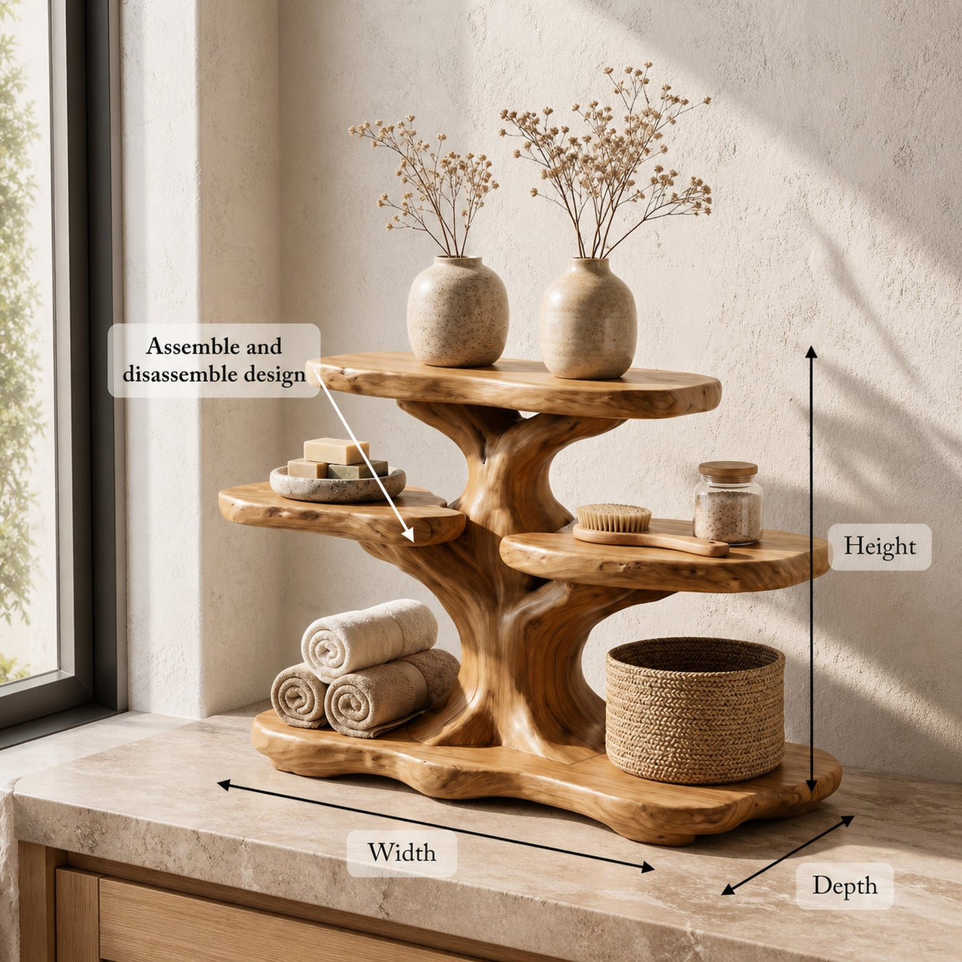 Contemporary Tree Bathroom Organizer With Floating Wood Shelves - product view 8