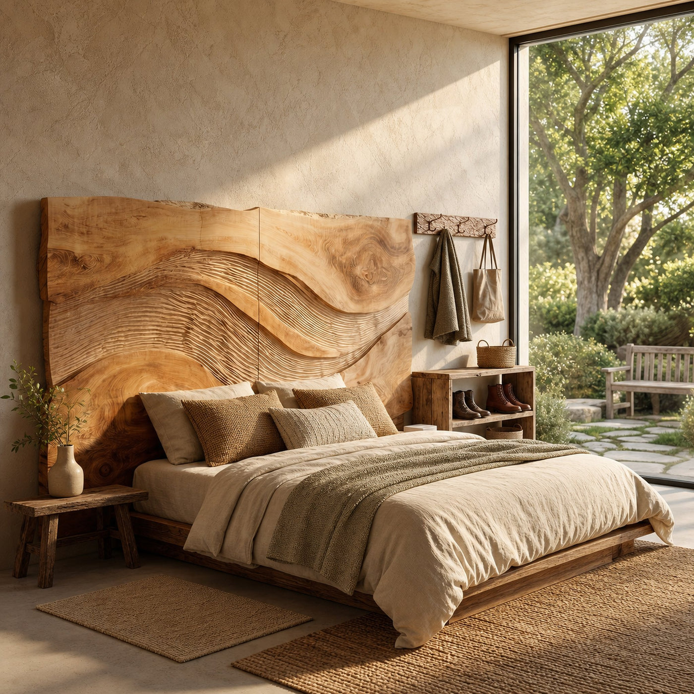 Contemporary Wave Carved Wood Headboard For Warm Minimalist Bedroom - product view 6