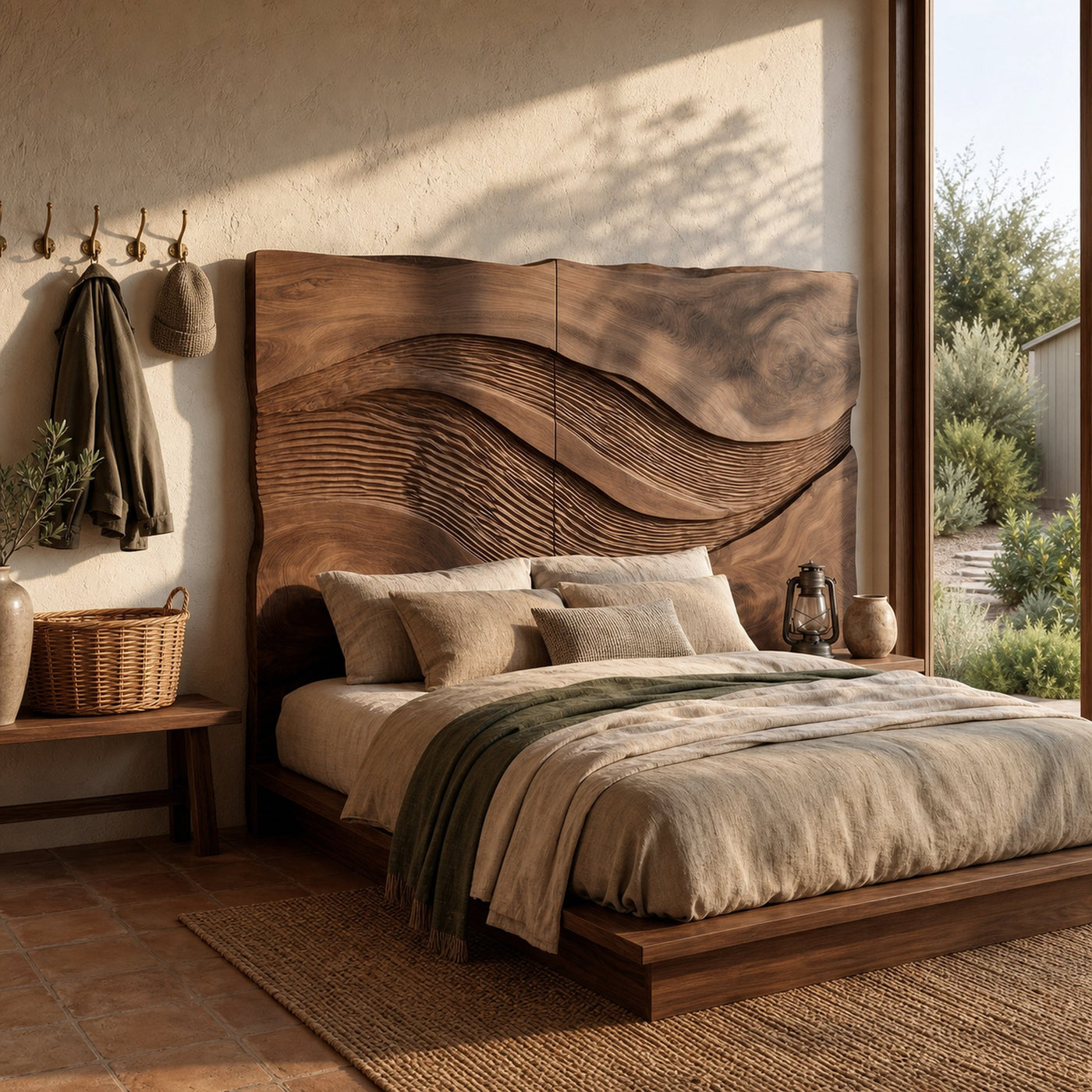 Contemporary Wave Carved Wood Headboard For Warm Minimalist Bedroom - product view 7