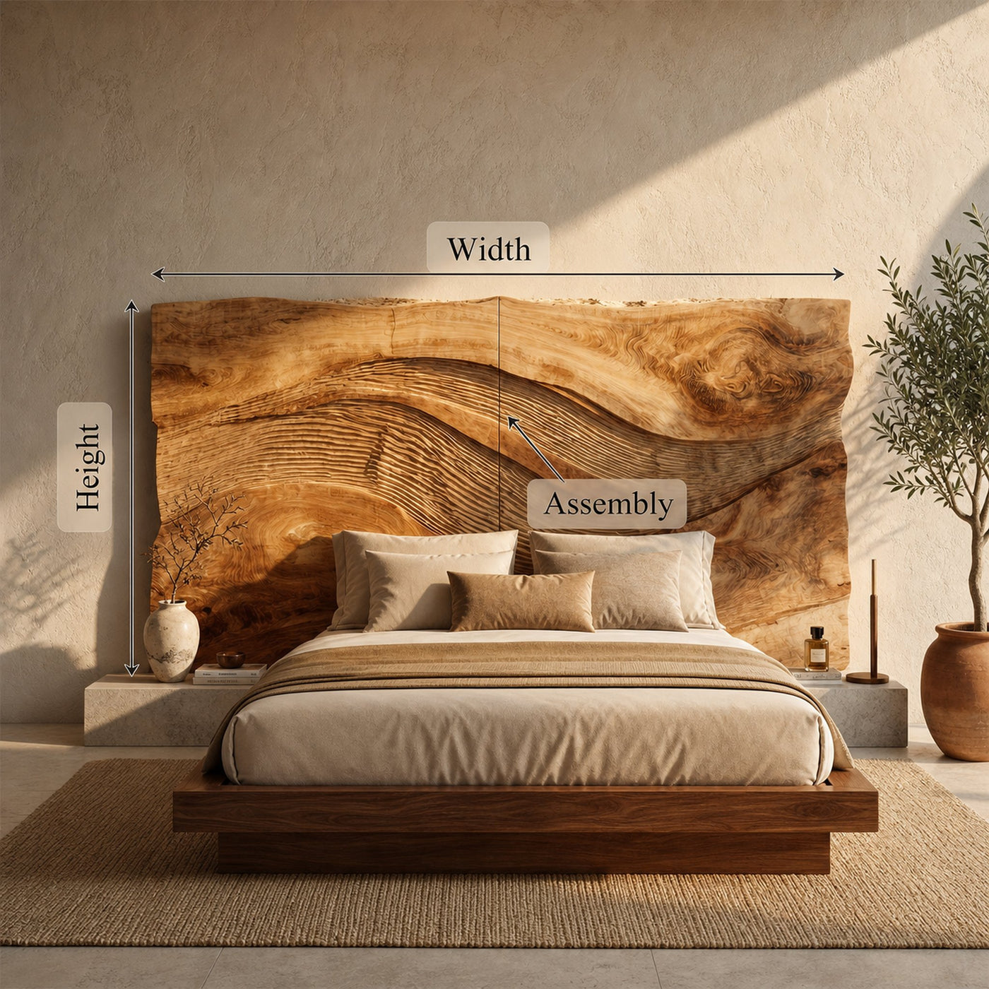 Contemporary Wave Carved Wood Headboard For Warm Minimalist Bedroom - product view 8