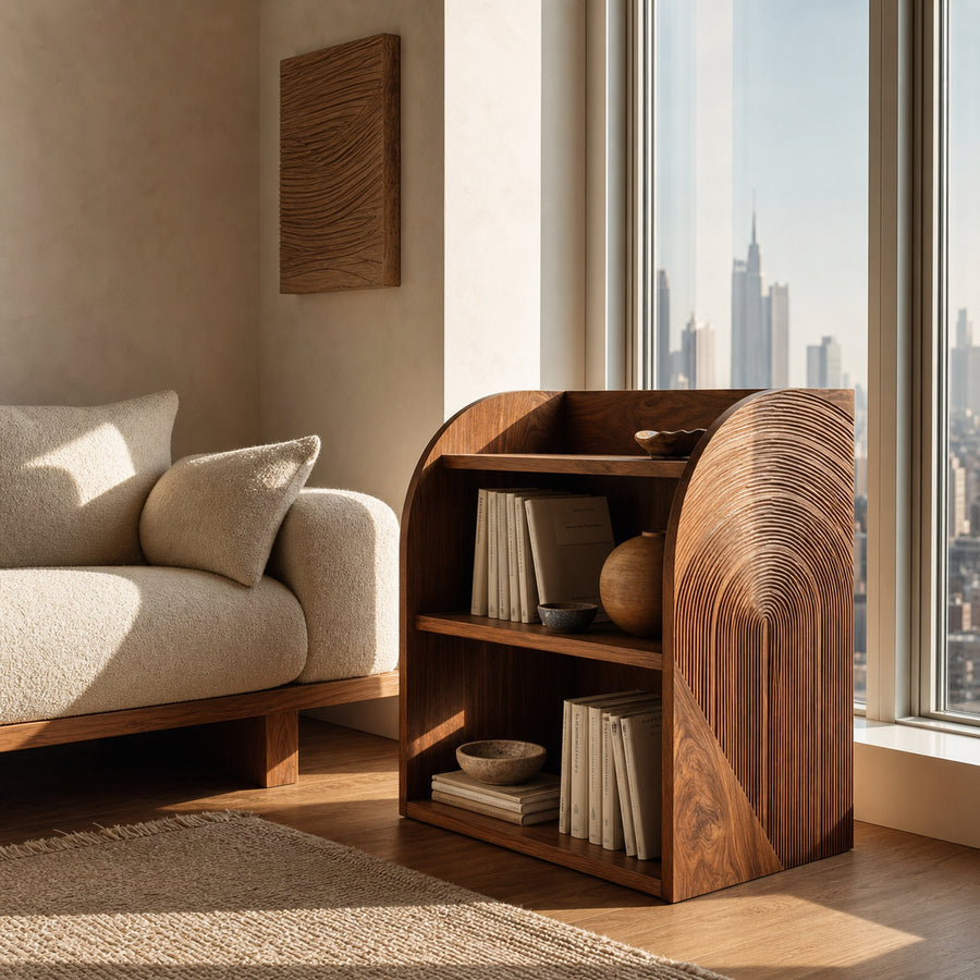 Contemporary Wood Magazine Rack With Carved Edges For Reading Corner