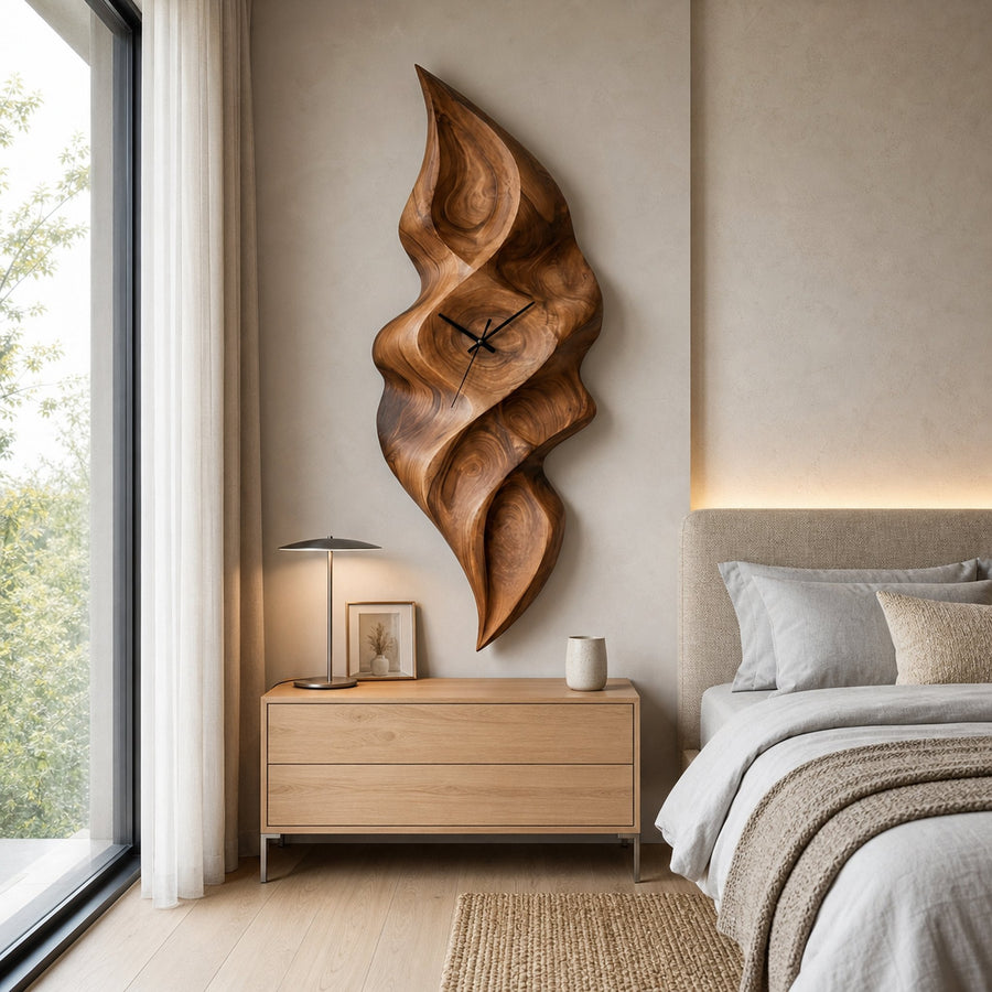 Contemporary Wood Wall Clock With Wave Sculpture For Minimalist Bedroom