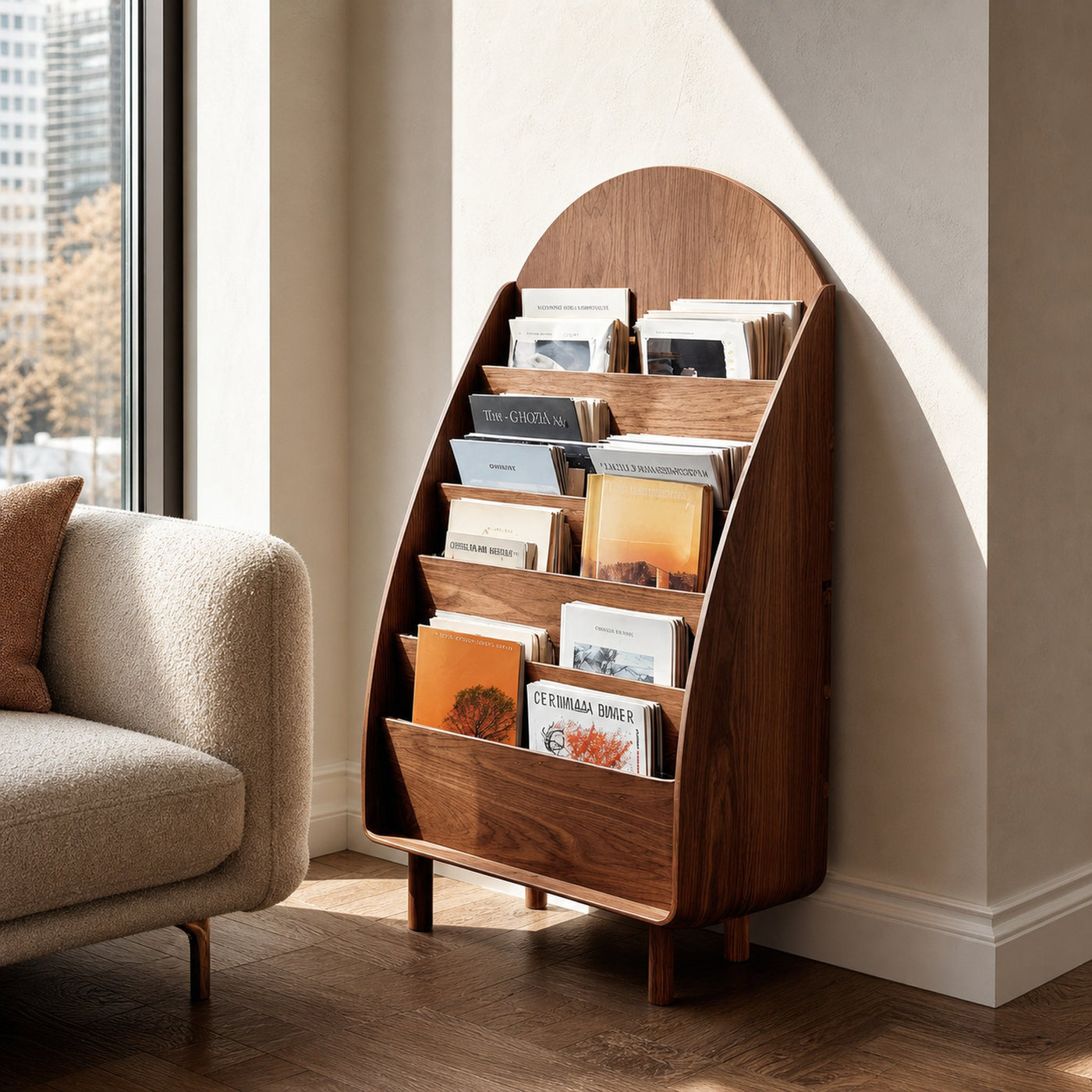 Contemporary Wooden Arched Magazine Rack With Tiers For Living Room