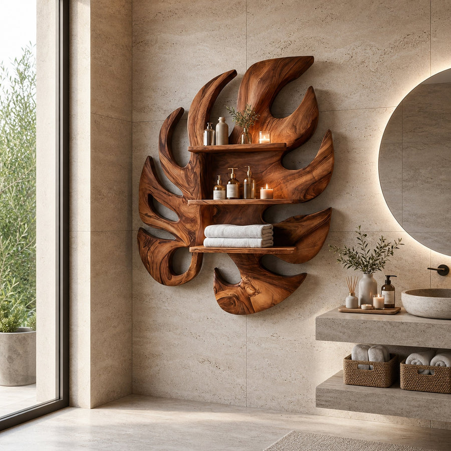Contemporary Wooden Leaf Bathroom Shelf For Spa Decor