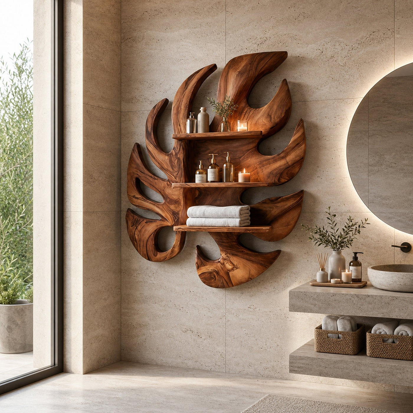 Contemporary Wooden Leaf Bathroom Shelf For Spa Decor