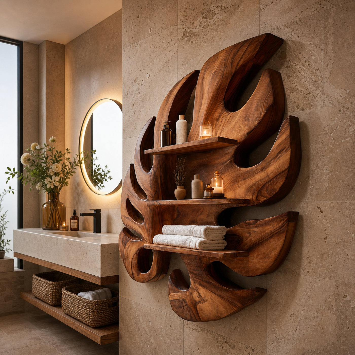 Contemporary Wooden Leaf Bathroom Shelf For Spa Decor - product view 6