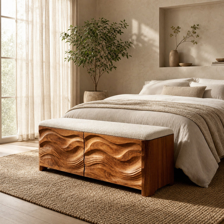 Contemporary Wooden Storage Bench For Bedroom Space