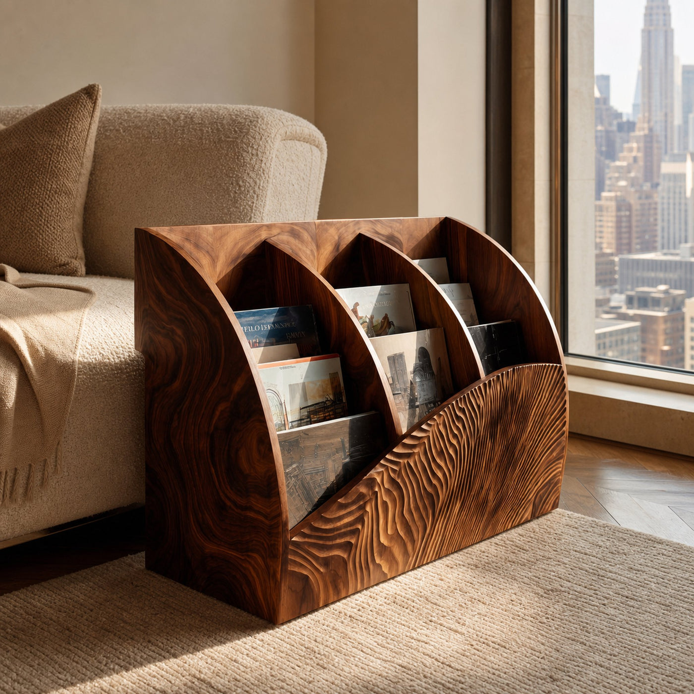 Contemporary Wooden Triple Section Magazine Rack For Living Room