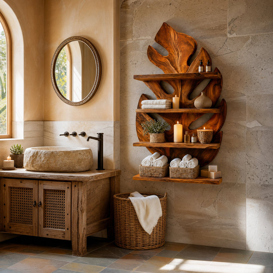 Contemporary Wooden Tropical Leaf Wall Shelf For Spa Decor