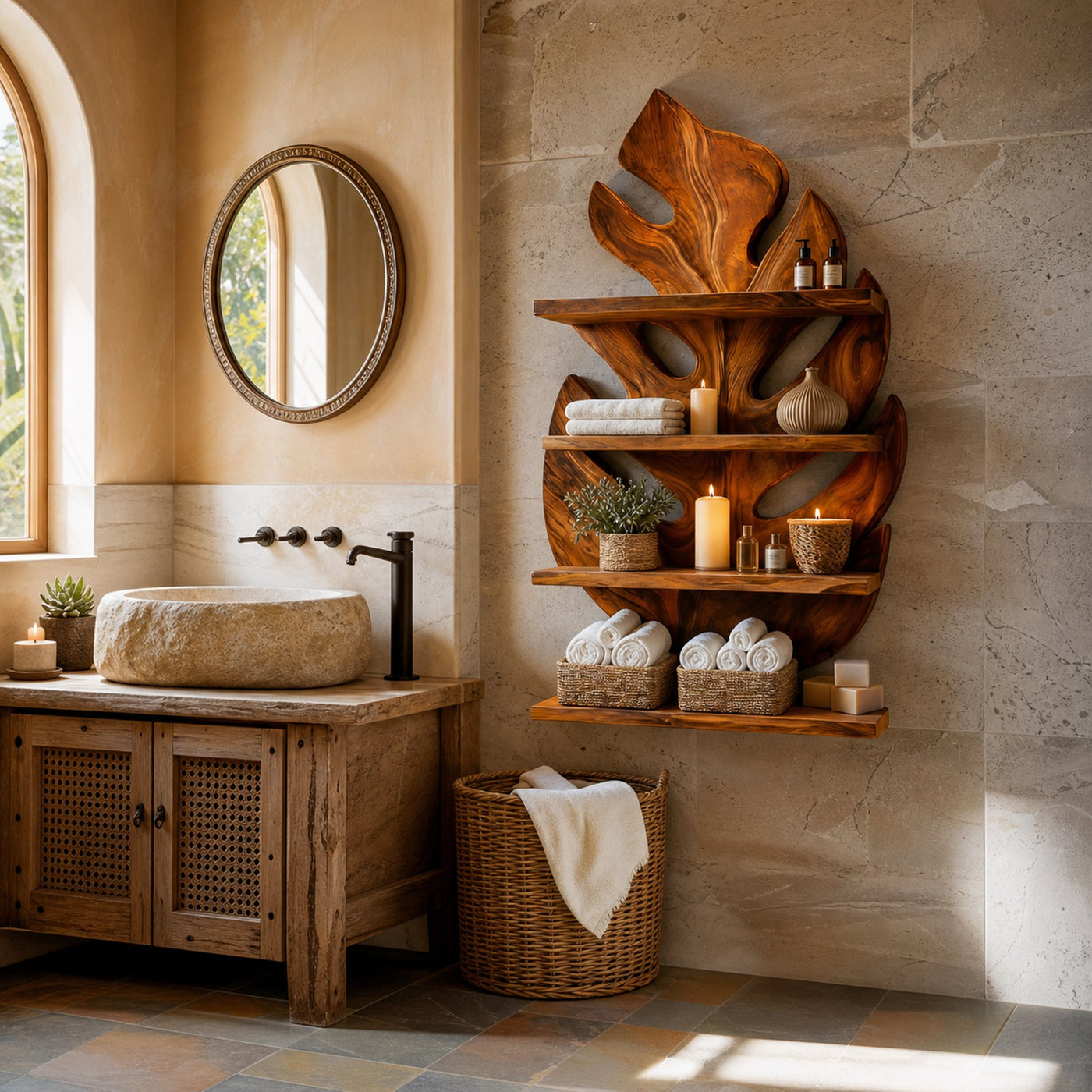 Contemporary Wooden Tropical Leaf Wall Shelf For Spa Decor