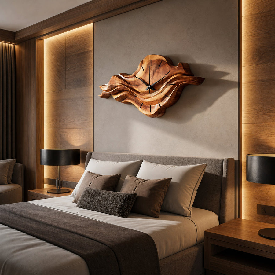 Contemporary Wooden Wall Clock With Unique Wave Sculpture For Home