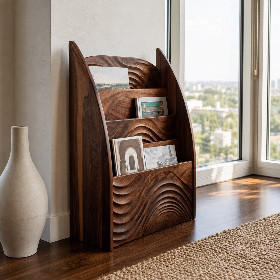 Contemporary Wooden Wave Carved Magazine Rack For Living Room