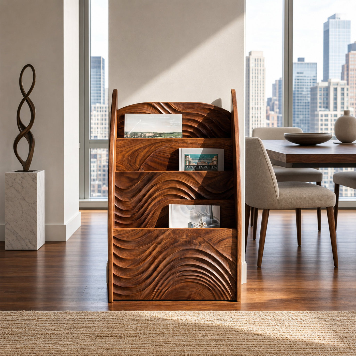 Contemporary Wooden Wave Carved Magazine Rack For Living Room - product view 6