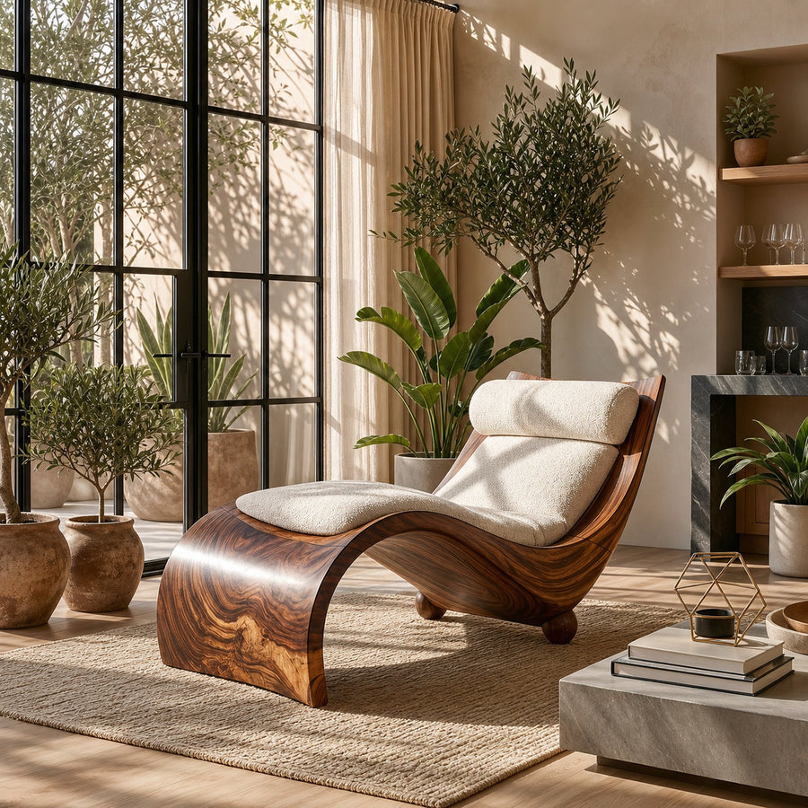 Curved Walnut Chaise Lounge Luxury Contemporary Living Room Decor