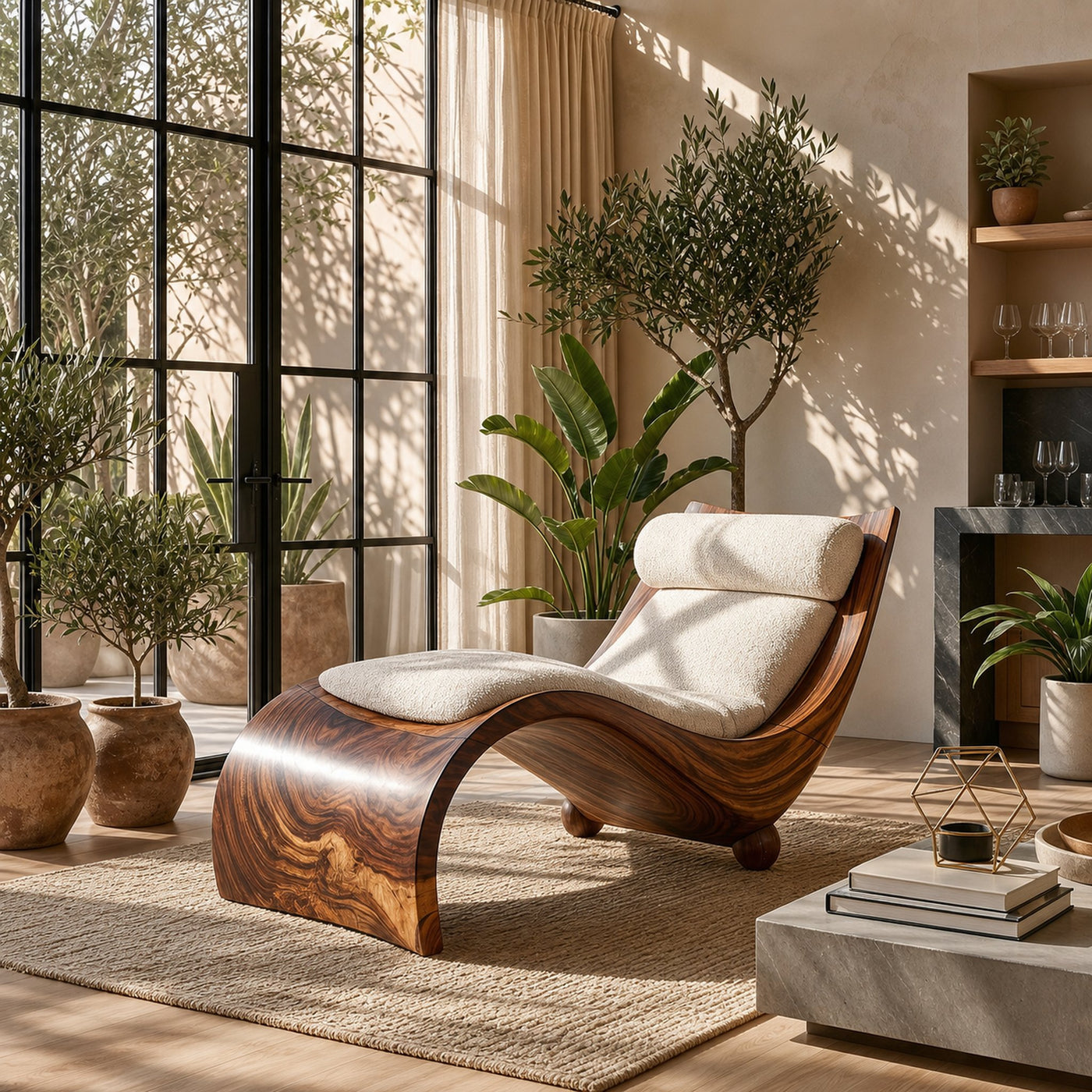 Curved Walnut Chaise Lounge Luxury Contemporary Living Room Decor