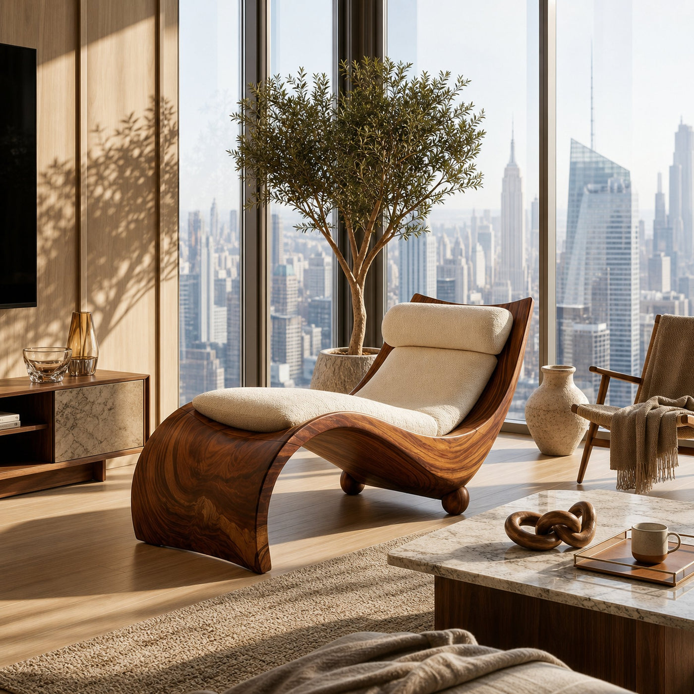 Curved Walnut Chaise Lounge Luxury Contemporary Living Room Decor - product view 6