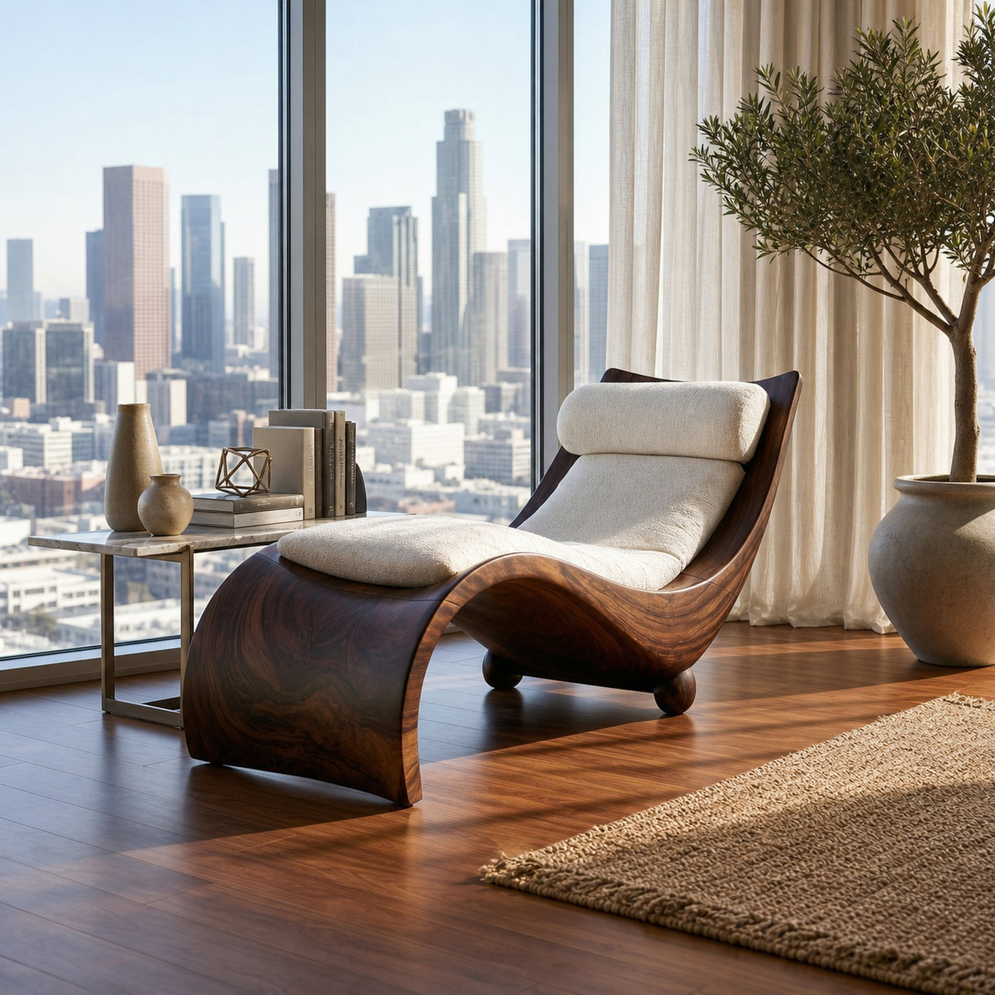 Curved Walnut Chaise Lounge Luxury Contemporary Living Room Decor - product view 7