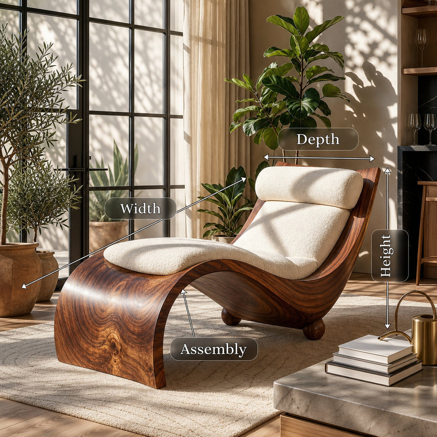 Curved Walnut Chaise Lounge Luxury Contemporary Living Room Decor - product view 8