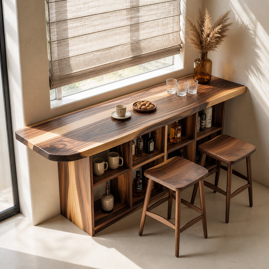 Curved Wood Bar Table With Storage For Kitchen Or Dining Area