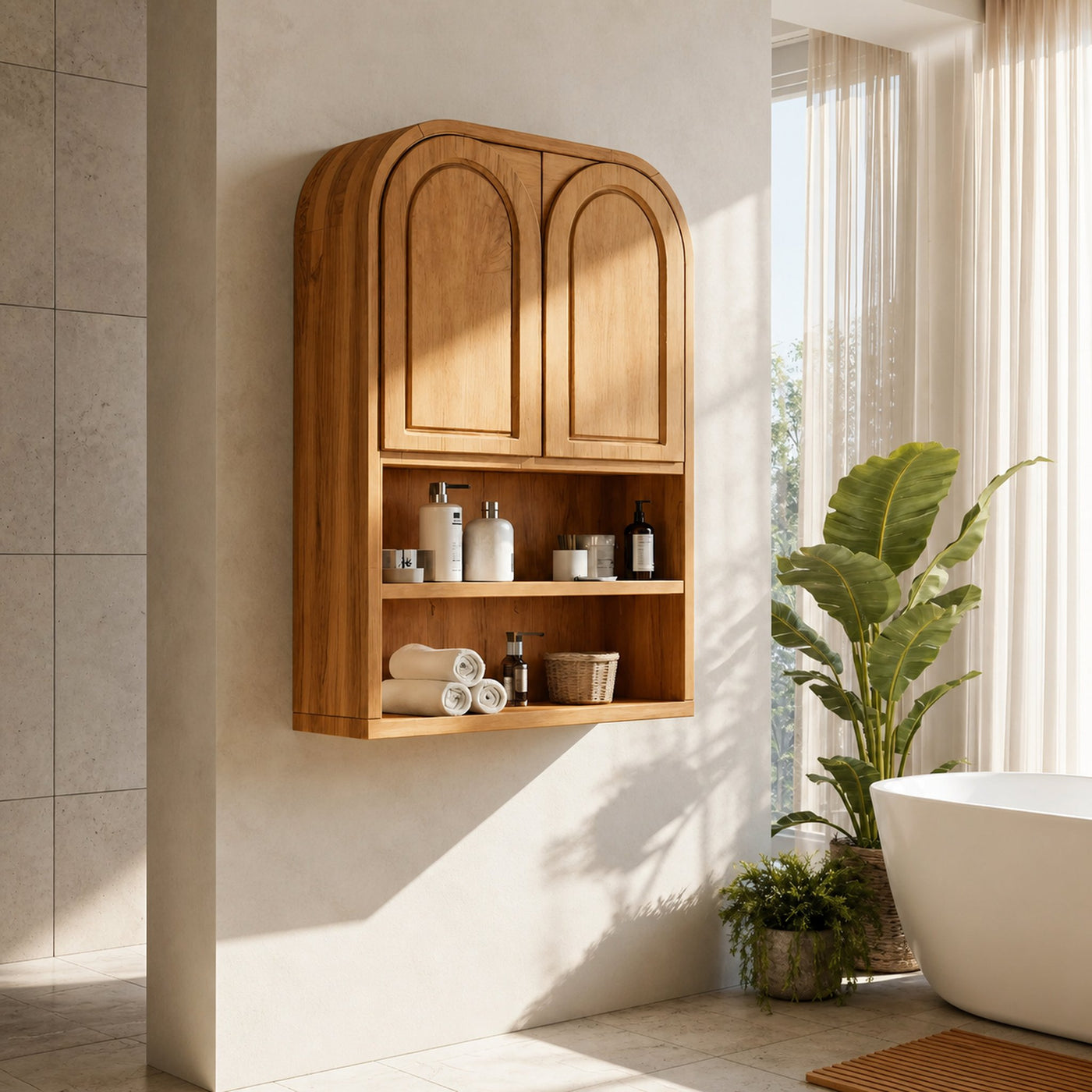 Double Arched Wall Cabinet With Open Shelves For Bathroom