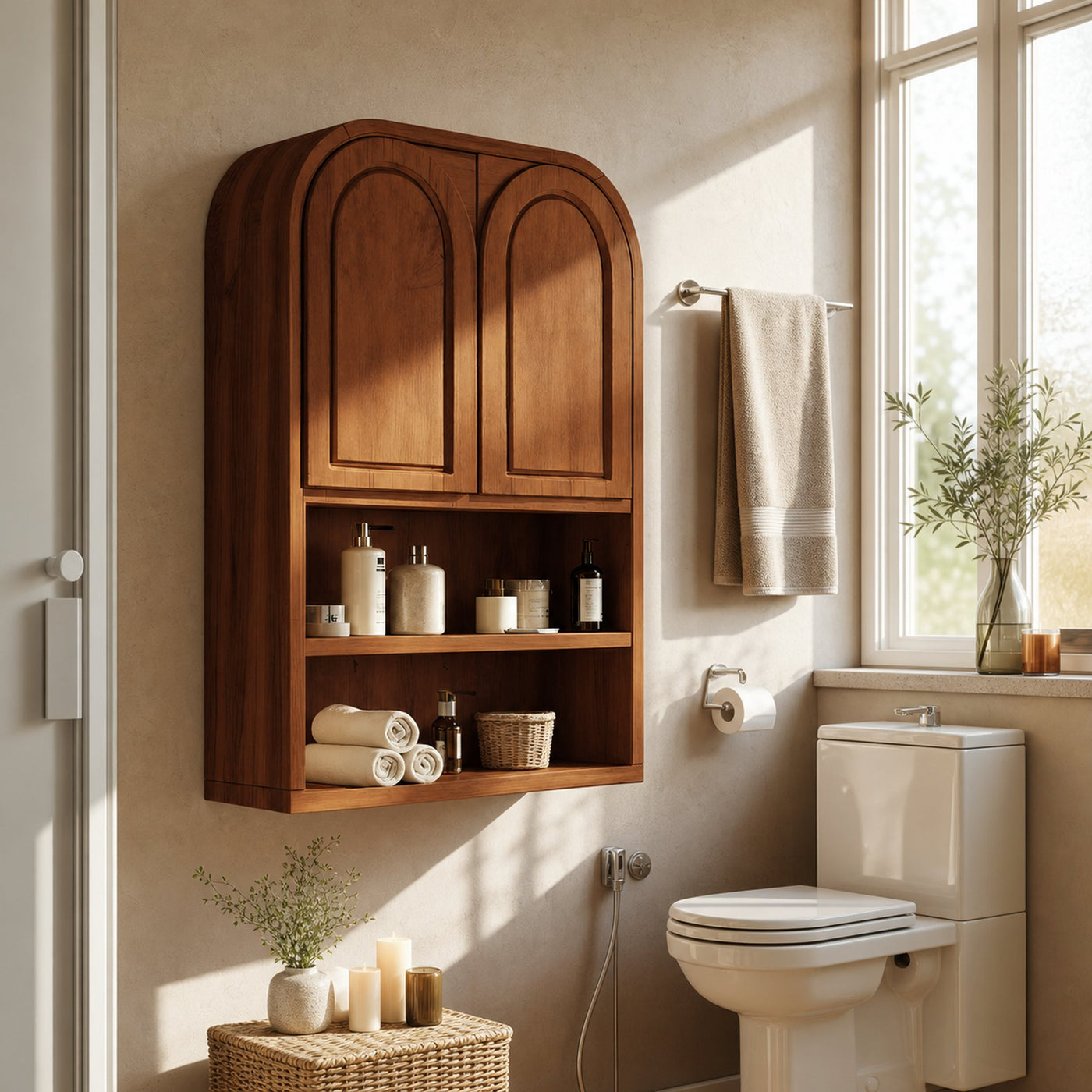 Double Arched Wall Cabinet With Open Shelves For Bathroom - product view 6