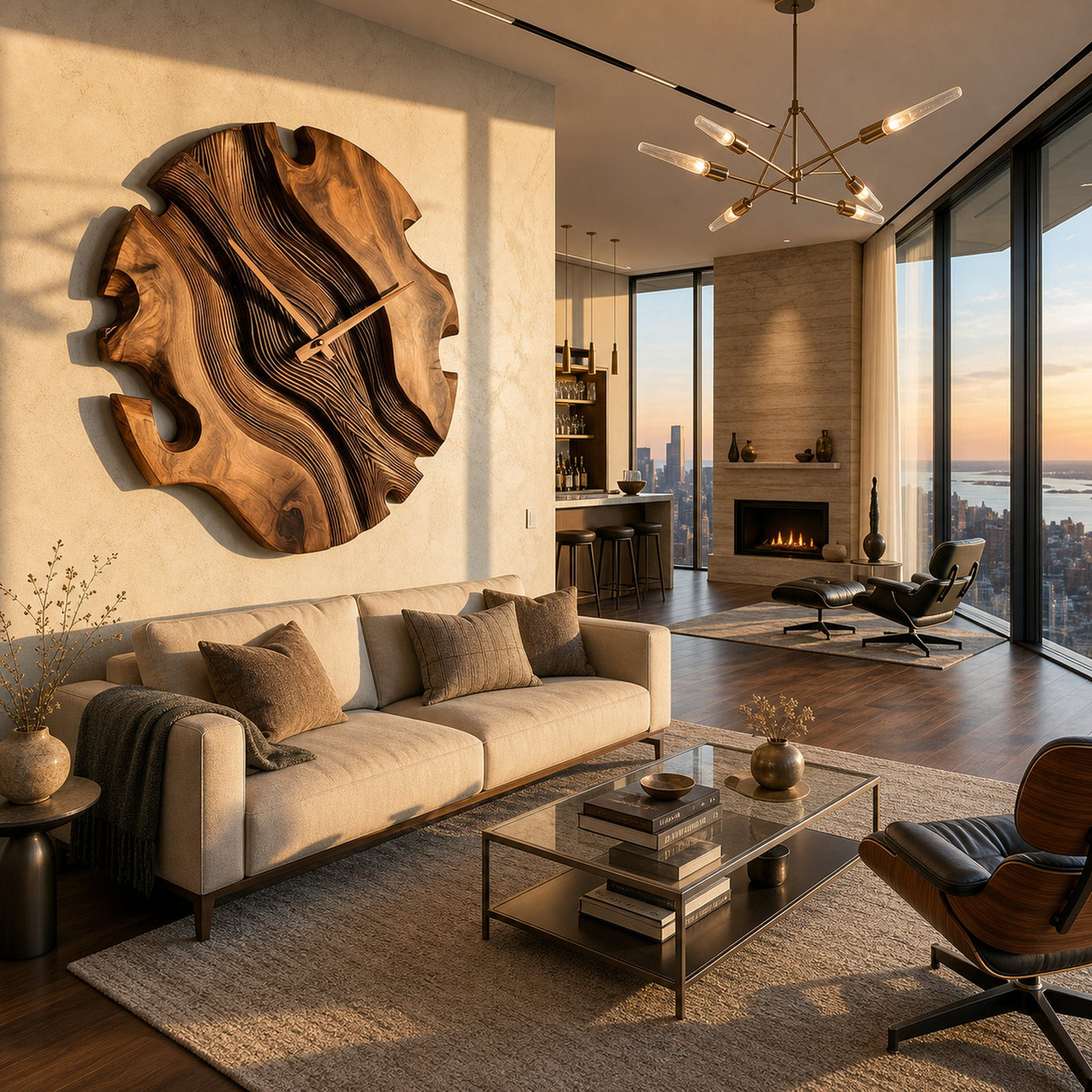 Elegant Sculptural Wooden Wall Clock For Living Room