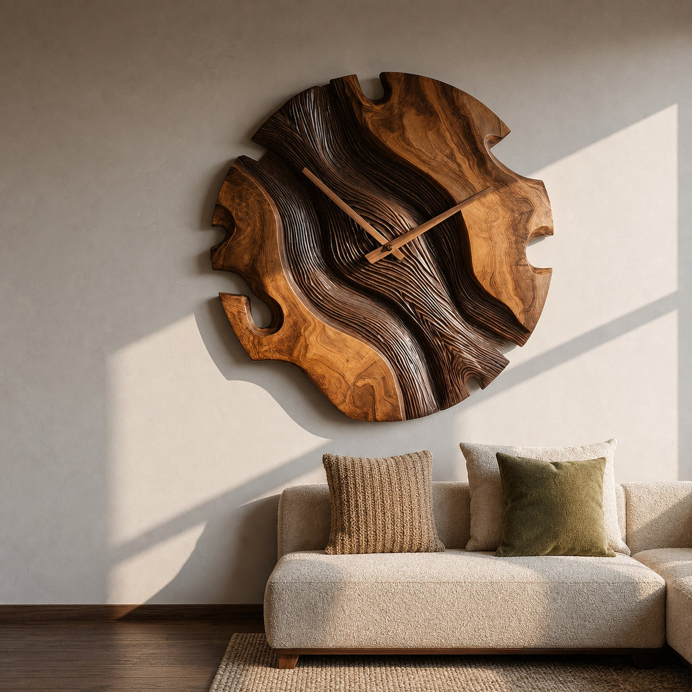 Elegant Sculptural Wooden Wall Clock For Living Room - product view 6