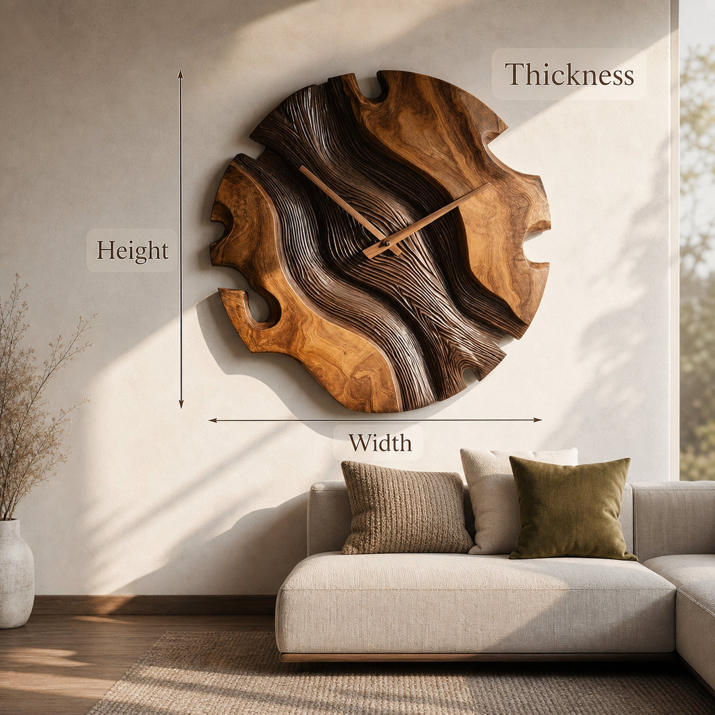 Elegant Sculptural Wooden Wall Clock For Living Room - product view 7