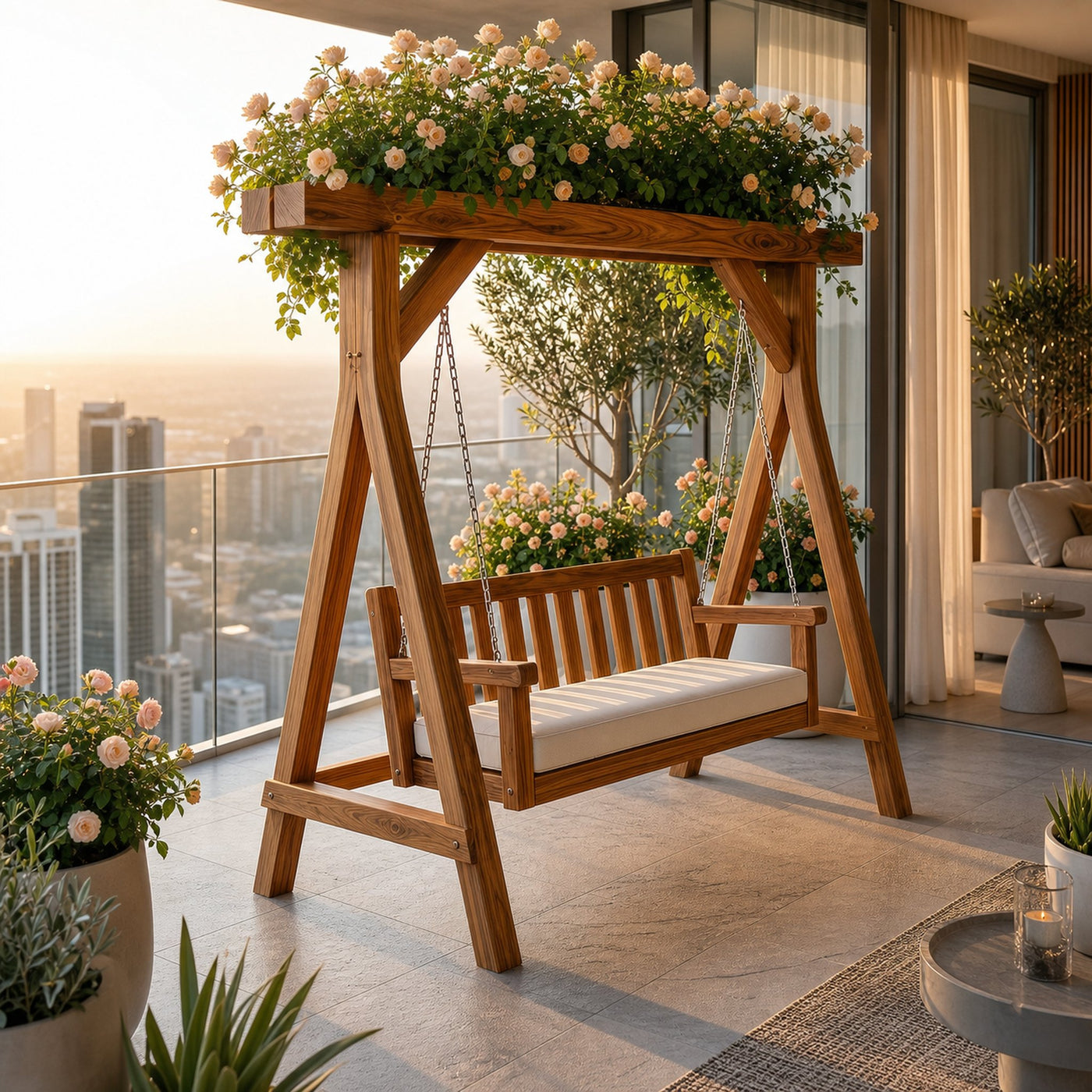 Elegant Wooden Swing With Planter Frame