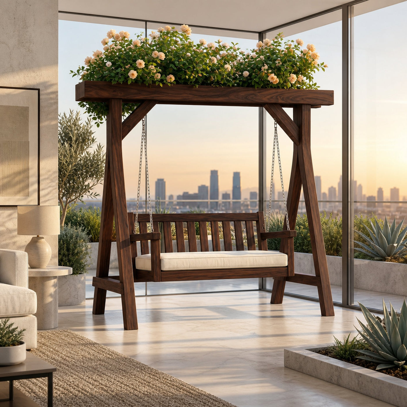 Elegant Wooden Swing With Planter Frame - product view 7
