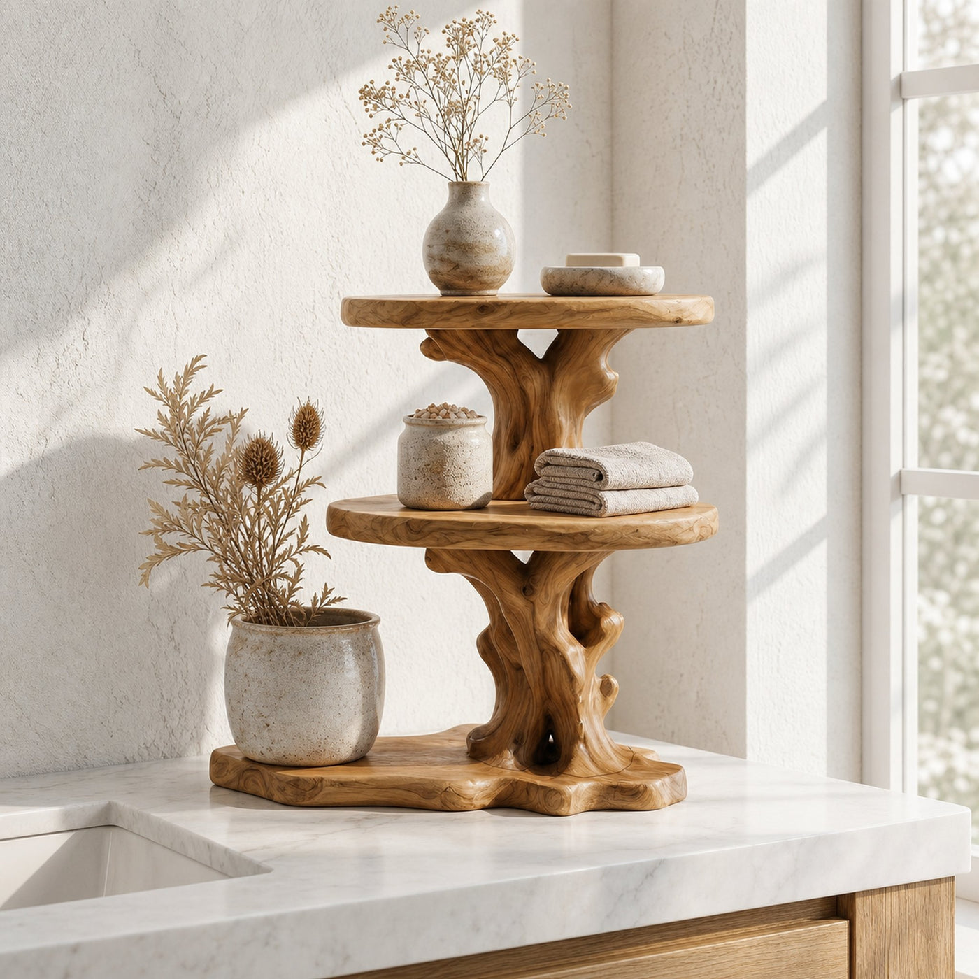 Farmhouse Bathroom Shelf With Tiered Display Storage For Bathroom