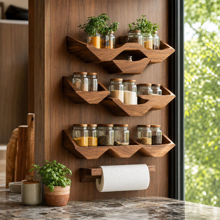 Farmhouse Kitchen Cabinet With Rustic Spice Rack Shelf