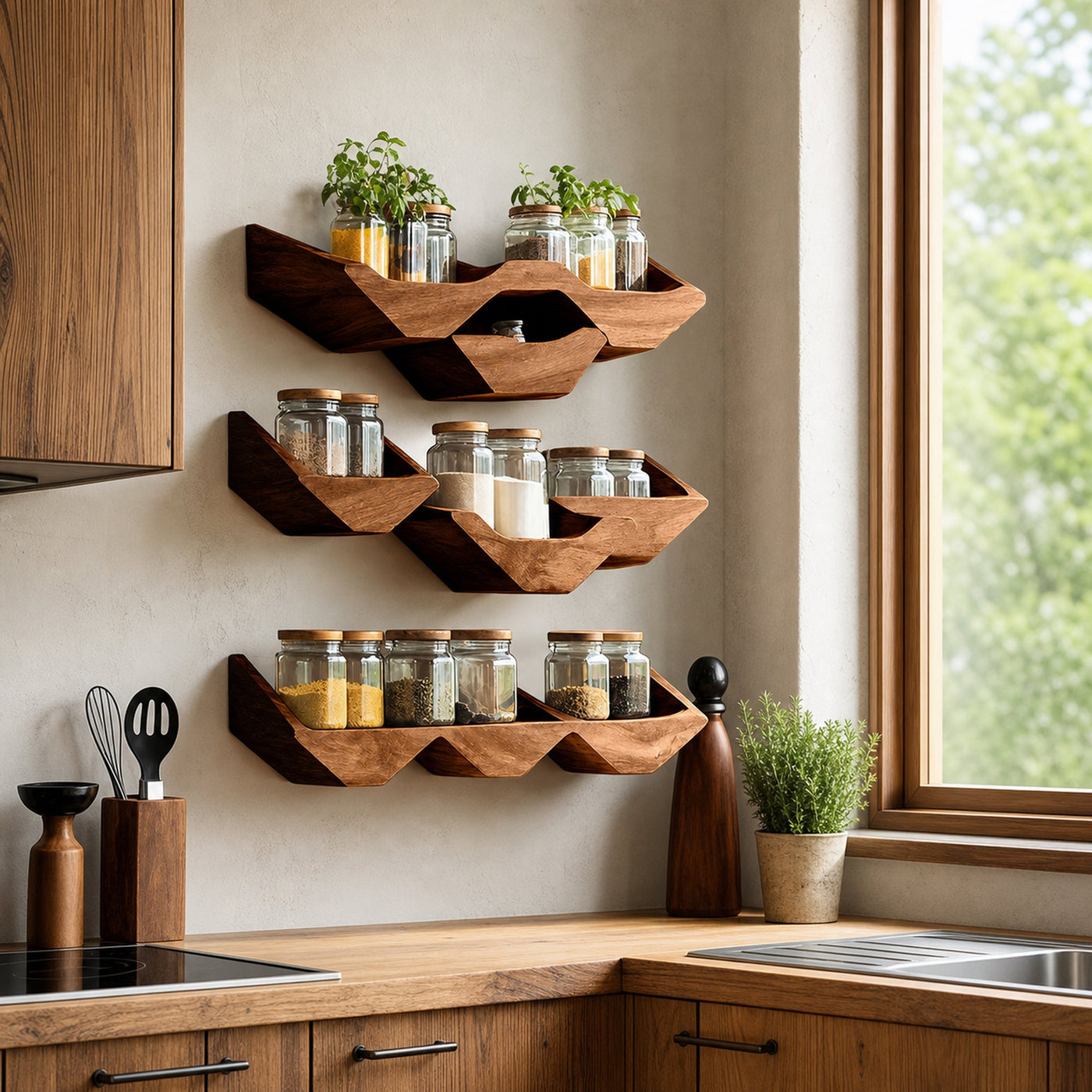 Farmhouse Kitchen Cabinet With Rustic Spice Rack Shelf - product view 6
