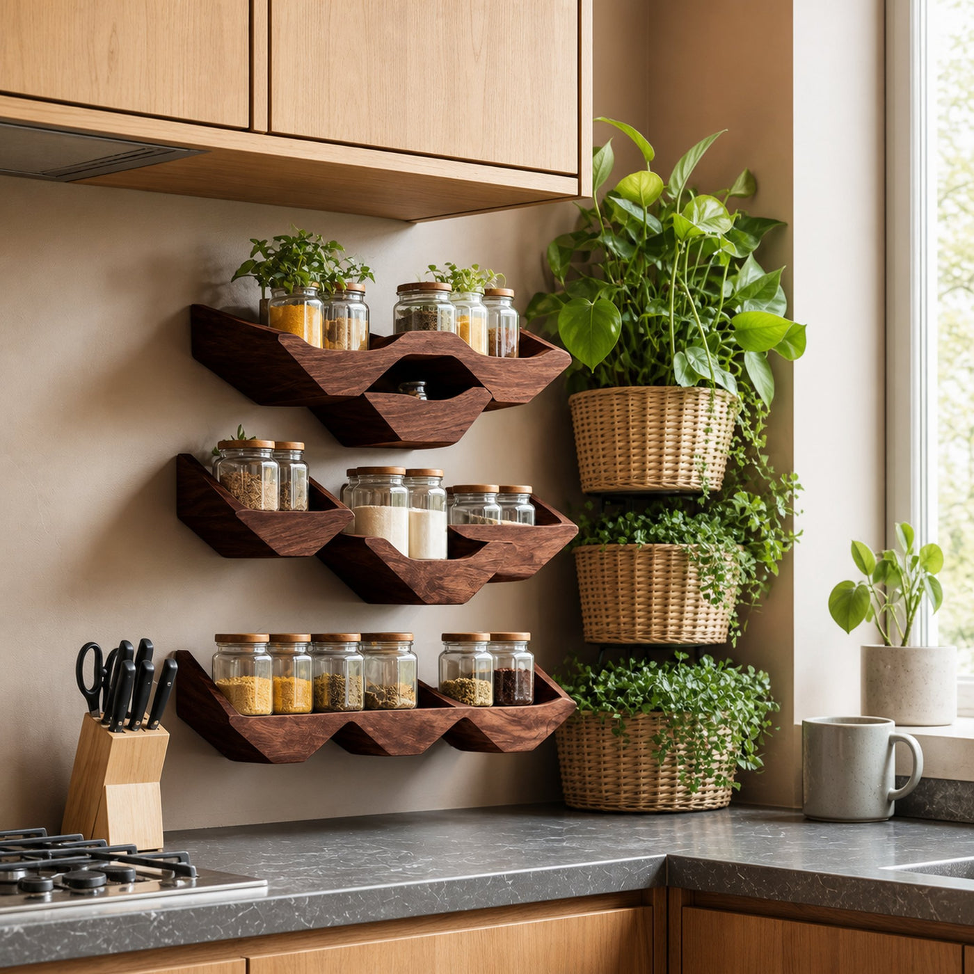 Farmhouse Kitchen Cabinet With Rustic Spice Rack Shelf - product view 7