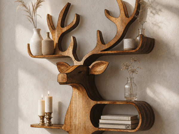 Farmhouse Wooden Deer Shelf For Rustic Wall Display