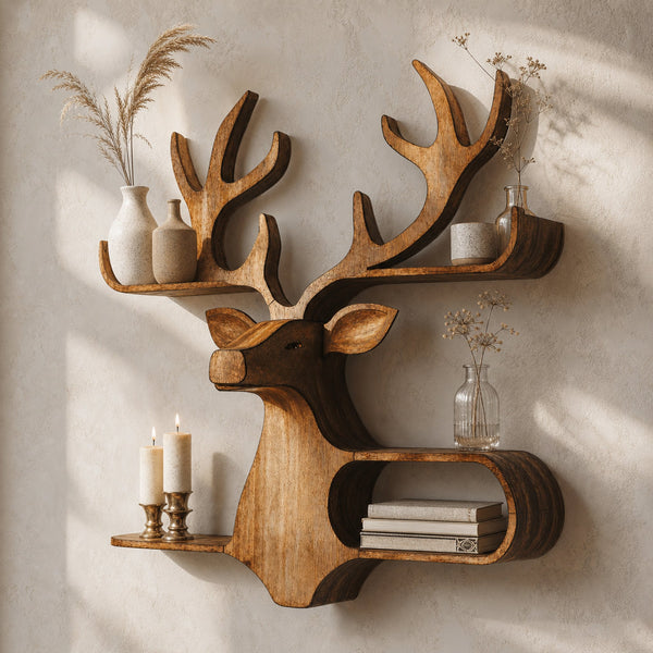 Farmhouse Wooden Deer Shelf For Rustic Wall Display