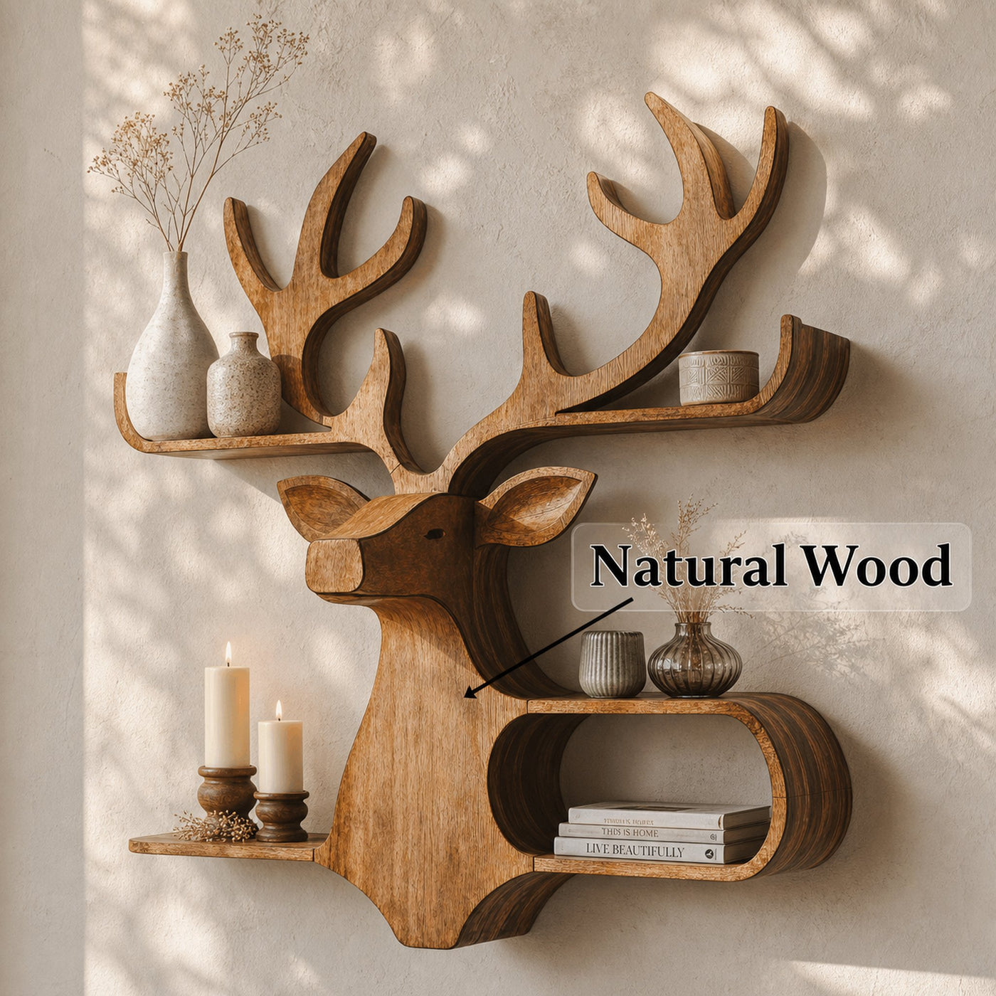 Farmhouse Wooden Deer Shelf For Rustic Wall Display - product view 6