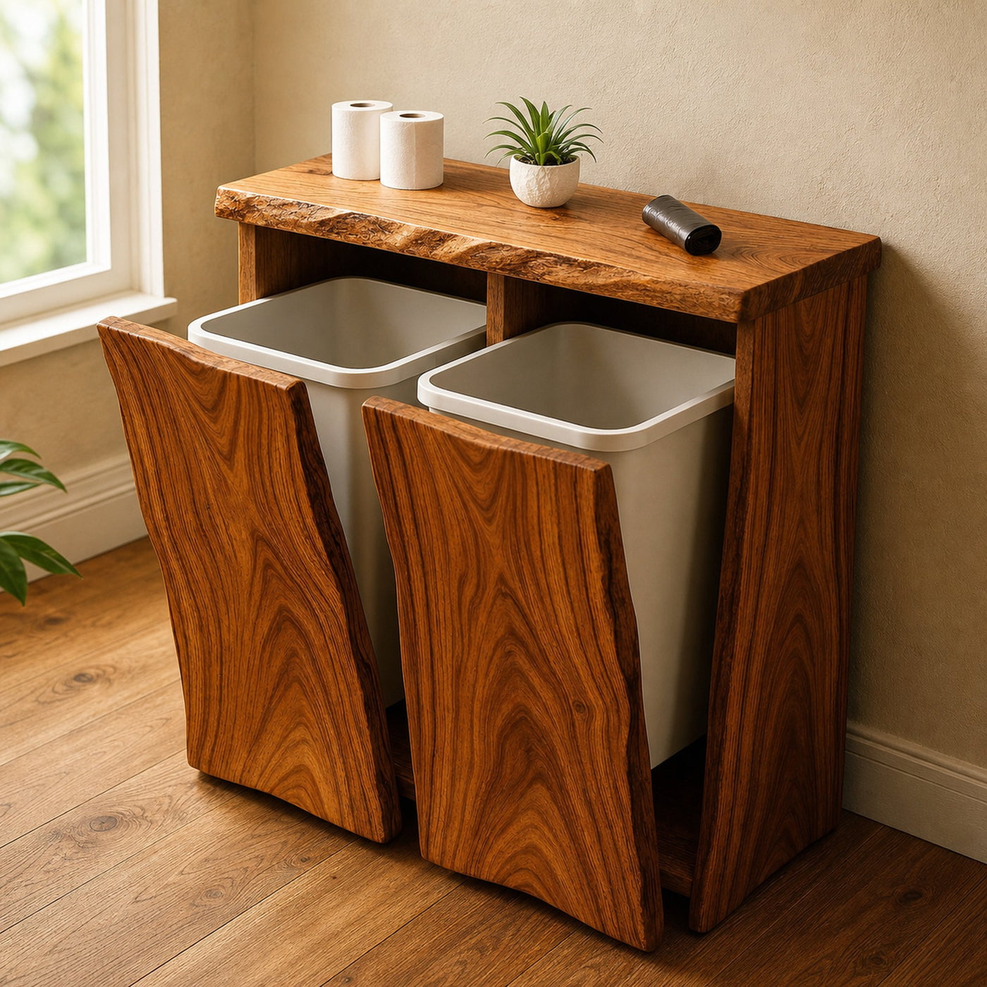Farmhouse Wooden Double Tilt Out Garbage Bin For Dining Room Corner