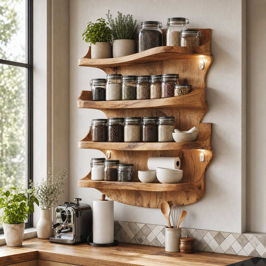 Farmhouse Wooden Spice Storage Shelf For Kitchen Design