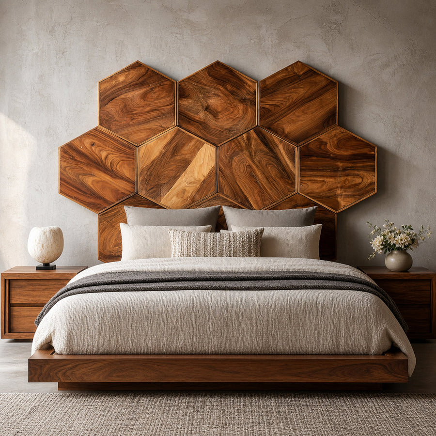 Geometric Hexagon Wood Headboard For Contemporary Bedroom Interior