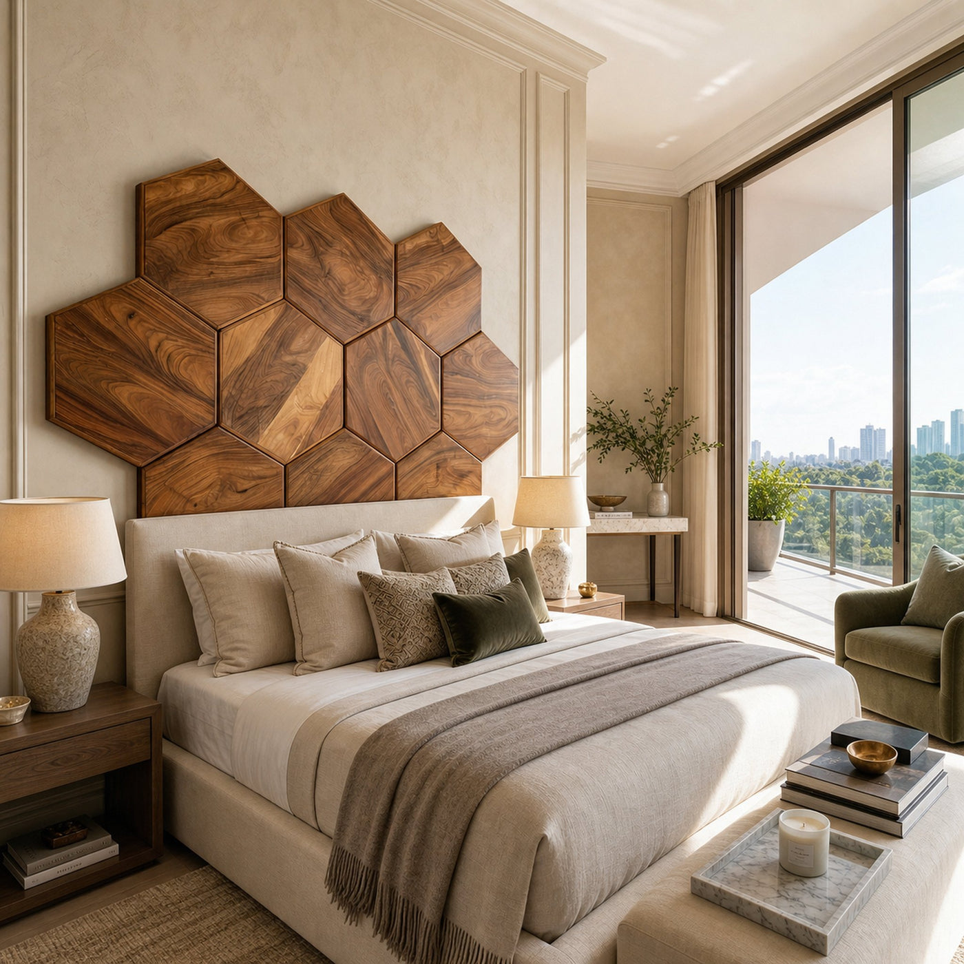 Geometric Hexagon Wood Headboard For Contemporary Bedroom Interior - product view 6