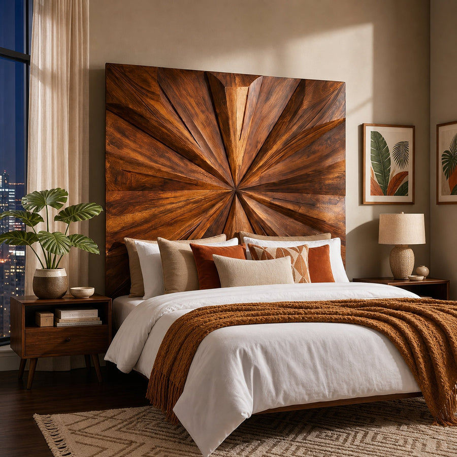 Geometric Sunburst Wood Headboard For Modern Urban Bedroom Decor