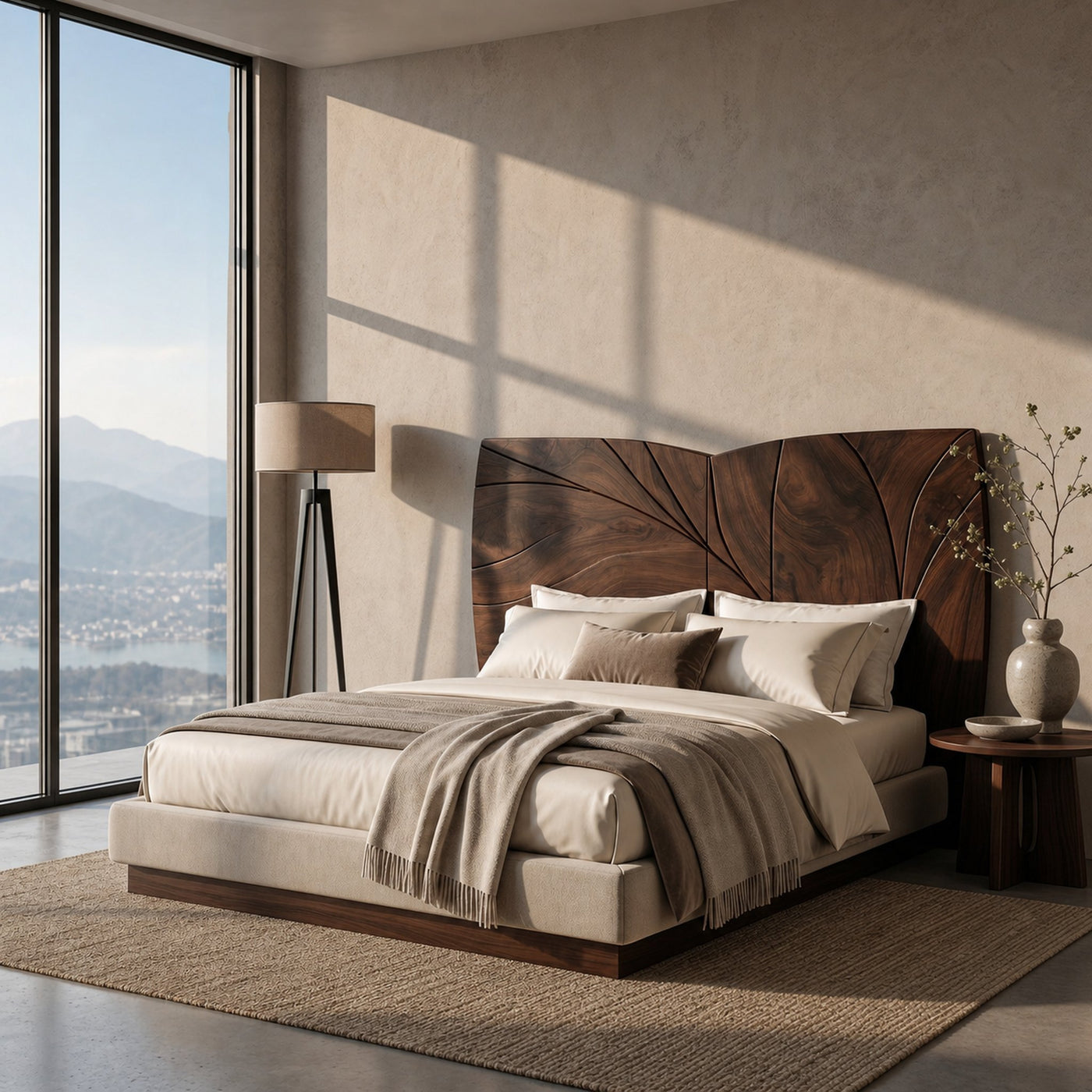 Geometric Walnut Wood Headboard For Modern Loft Bedroom - product view 7