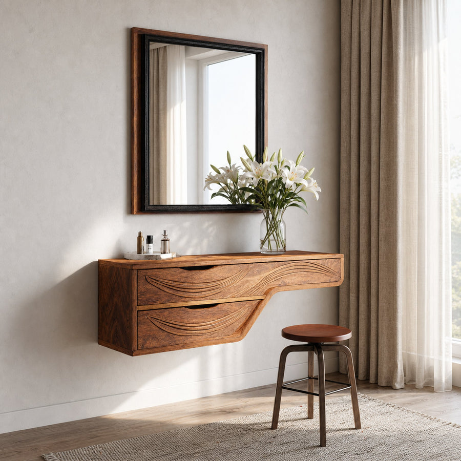 Hand Carved Floating Vanity Table With Drawers For Bedroom