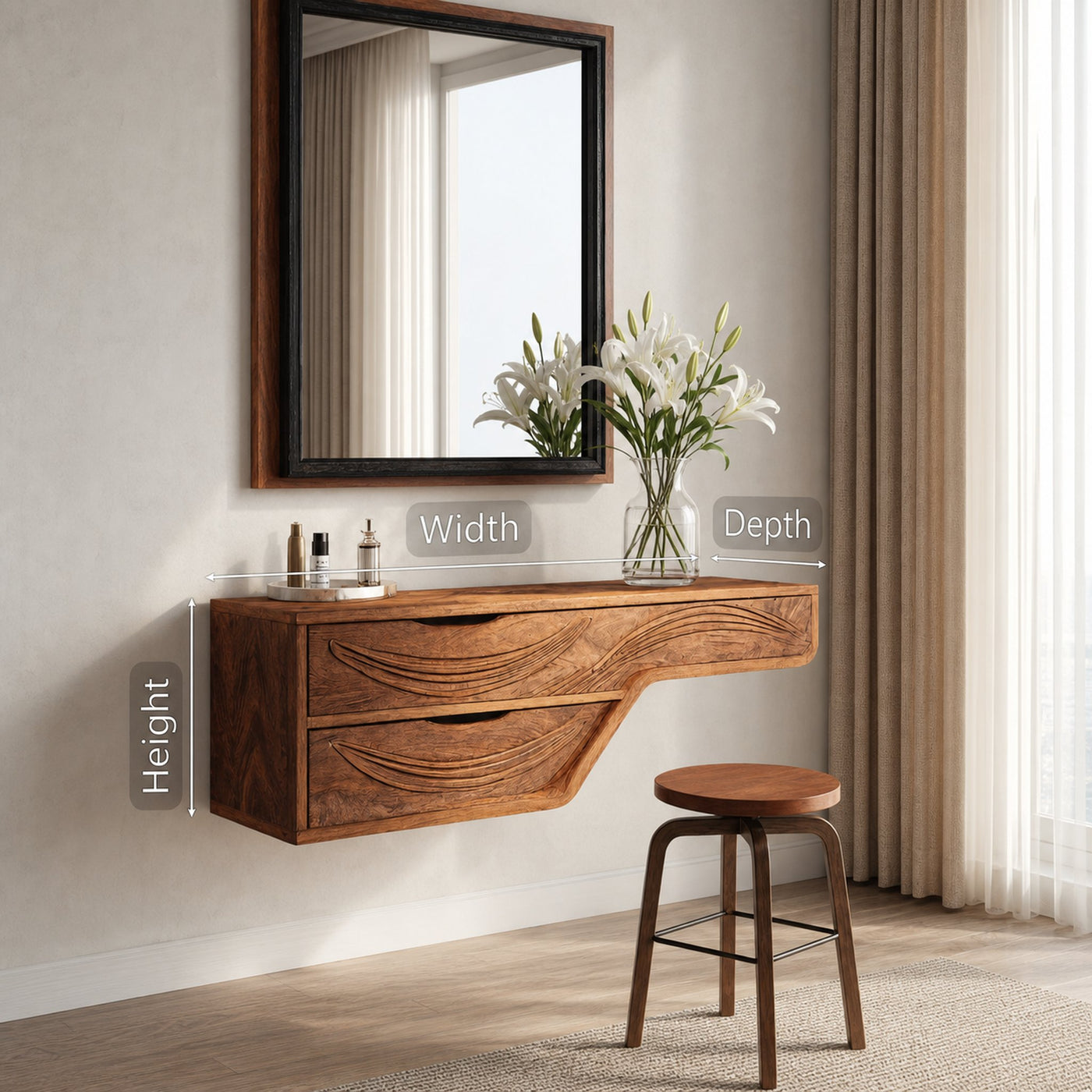 Hand Carved Floating Vanity Table With Drawers For Bedroom - product view 6