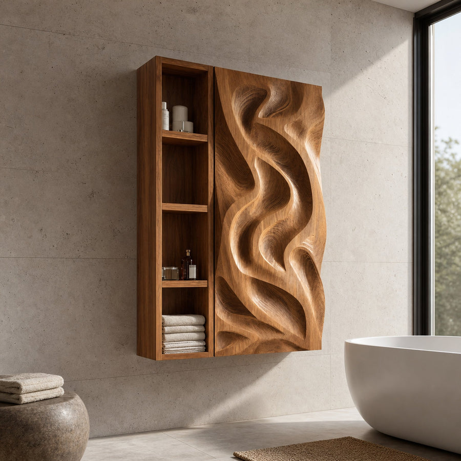 Hand-Carved Bathroom Cabinet Wave Door Design For Bathroom