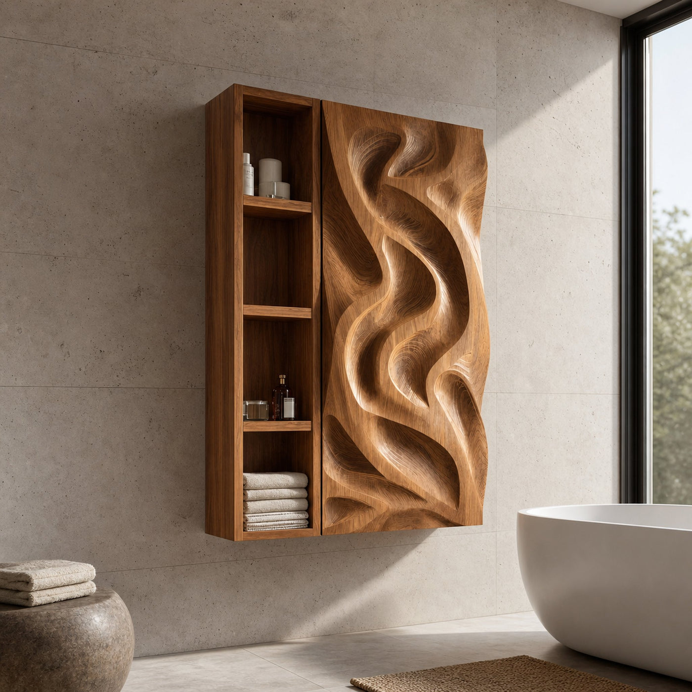 Hand-Carved Bathroom Cabinet Wave Door Design For Bathroom